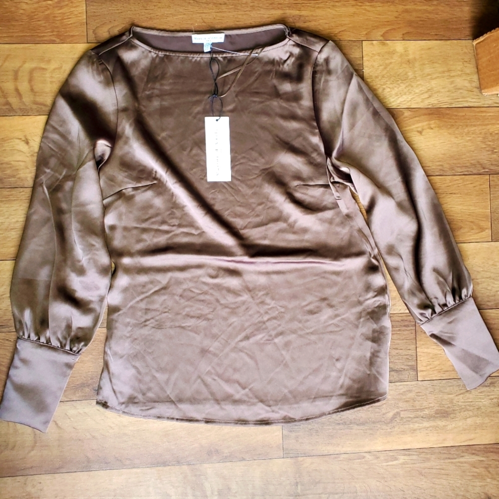 Maison de' Amelie Paris Dark Brown Silky Long Sleeve Blouse Size XS